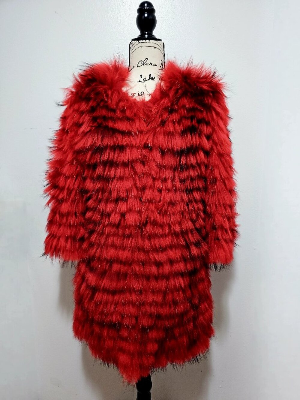 NewReal Striped Knitted Raccoon Fur Jacket Coat Holiday Christmas Red NoFox Mink